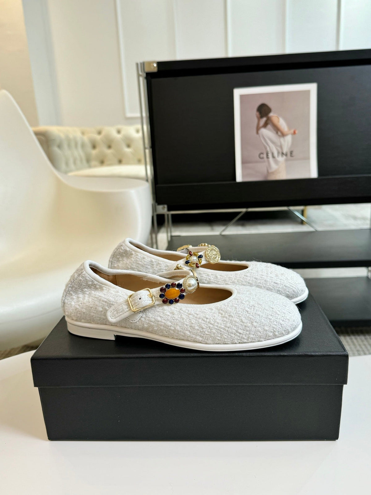 MARY JANE SHOES WHITE WOOL TWEED