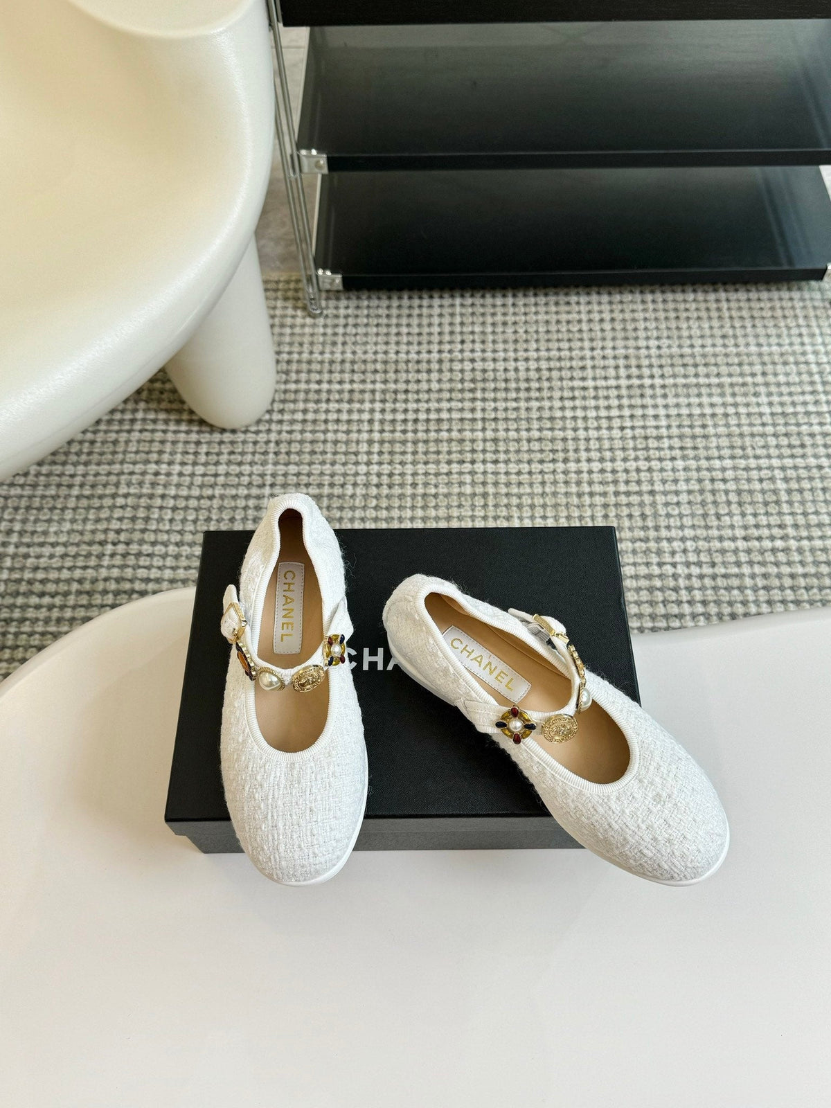 MARY JANE SHOES WHITE WOOL TWEED