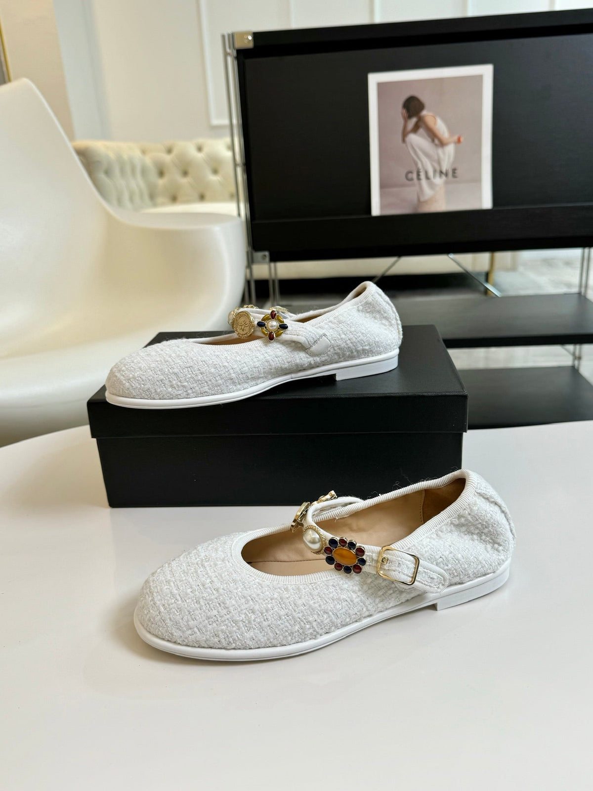 MARY JANE SHOES WHITE WOOL TWEED