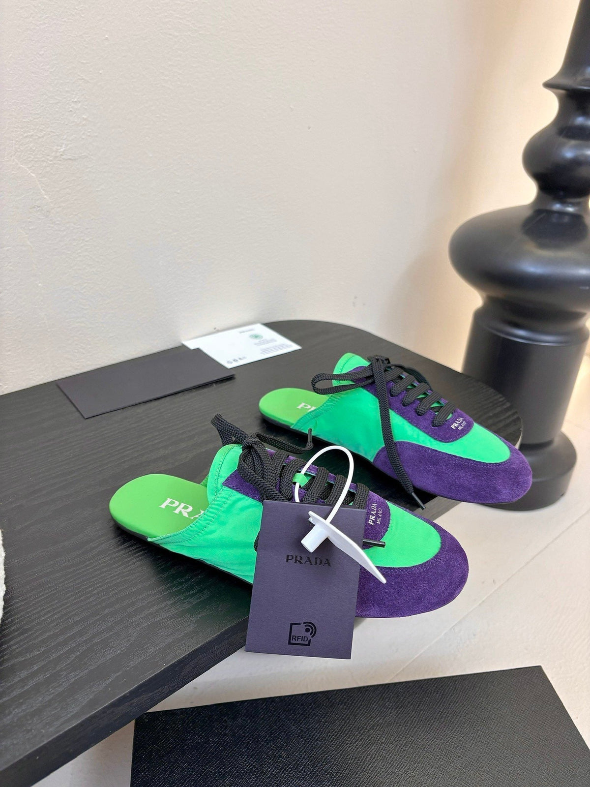 SNEAKER MULES IN GREEN NYLON AND PURPLE SUEDE