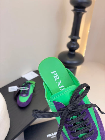 SNEAKER MULES IN GREEN NYLON AND PURPLE SUEDE