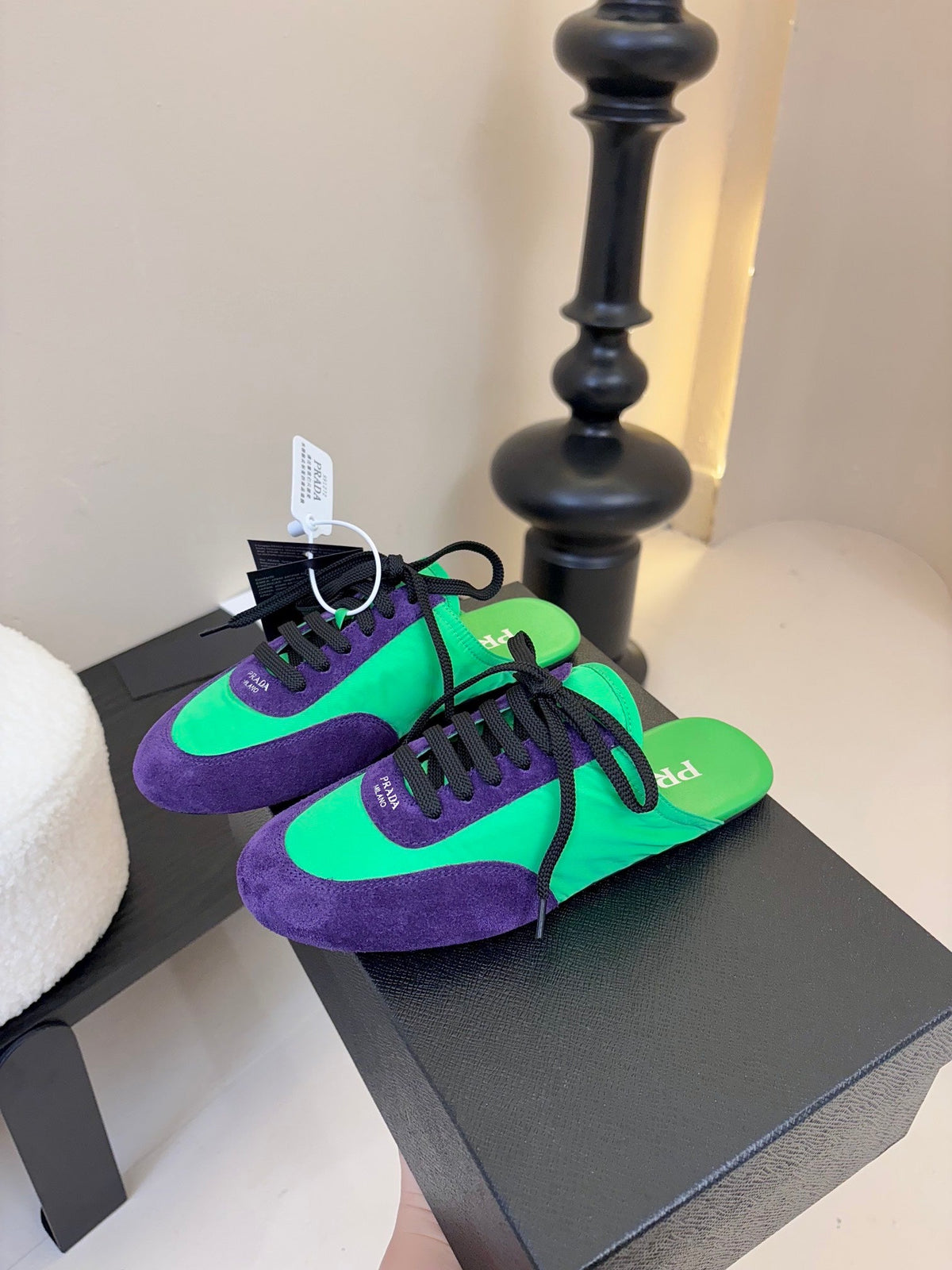 SNEAKER MULES IN GREEN NYLON AND PURPLE SUEDE