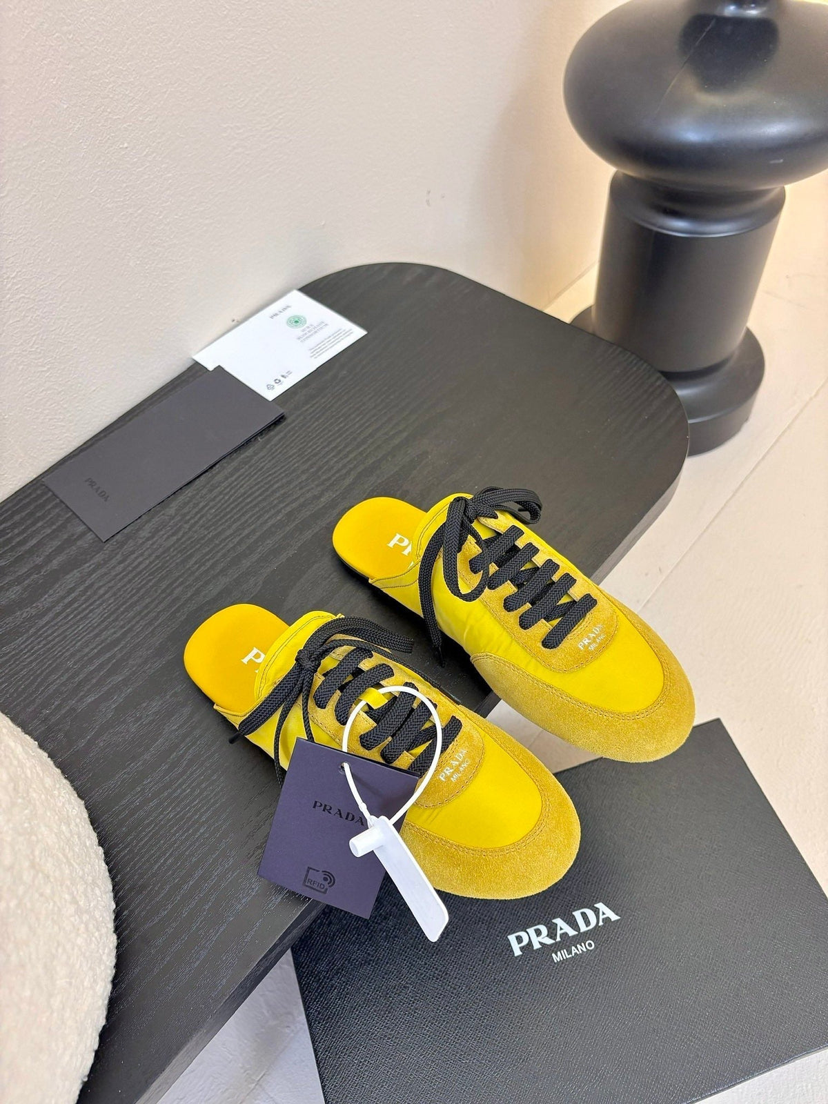 SNEAKER MULES IN YELLOW NYLON AND SUEDE