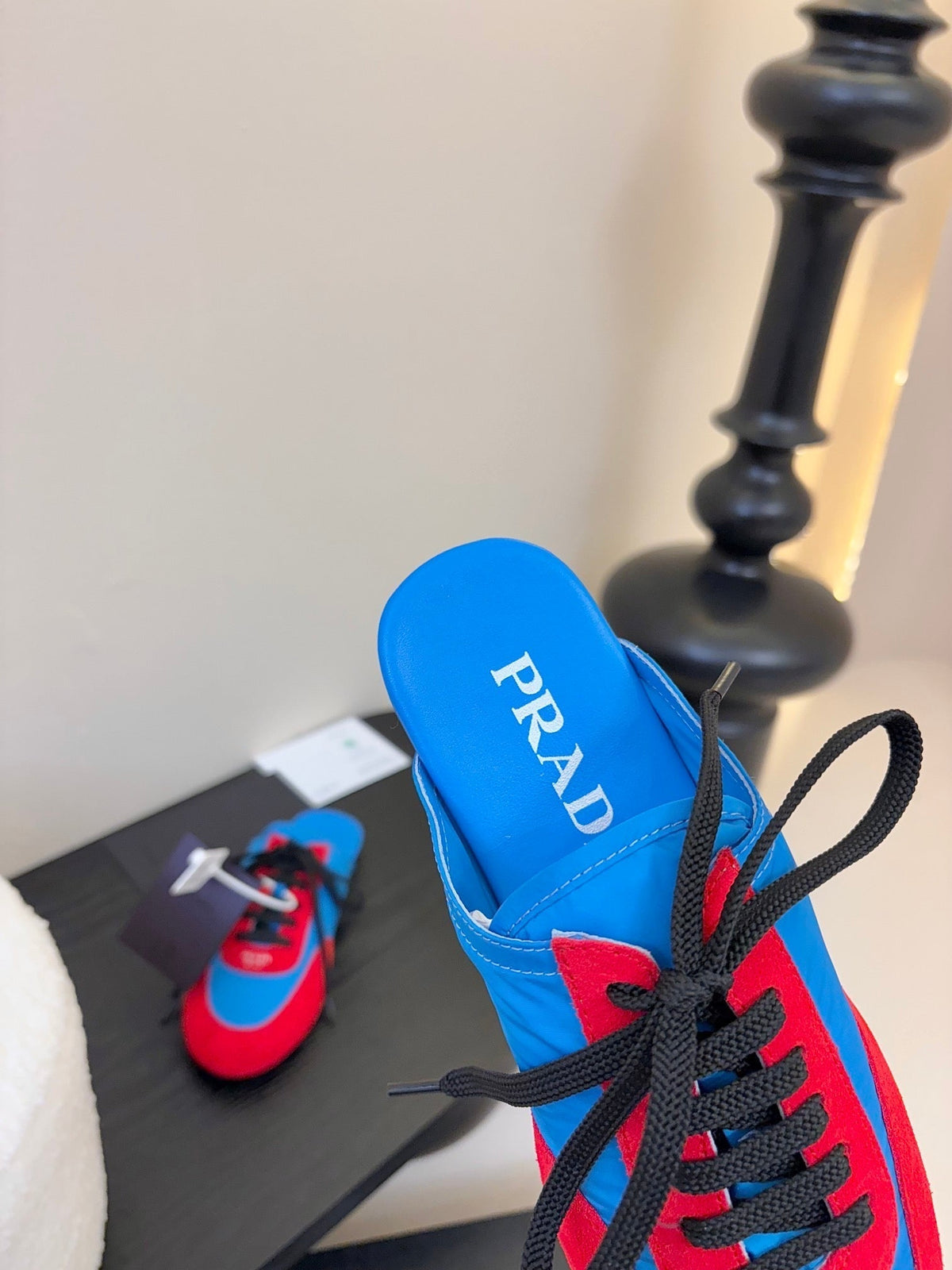 SNEAKER MULES IN BLUE NYLON AND RED SUEDE
