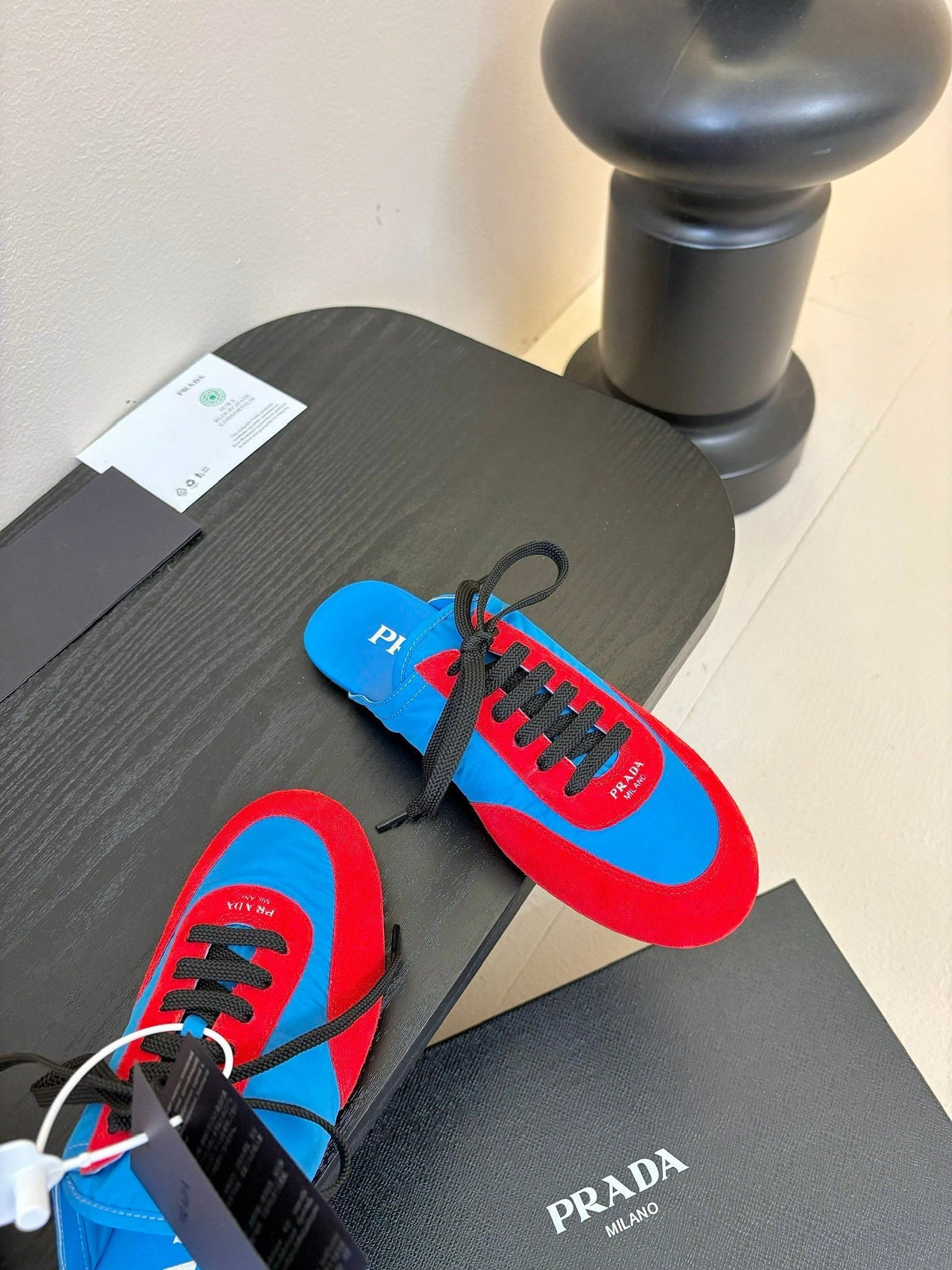 SNEAKER MULES IN BLUE NYLON AND RED SUEDE