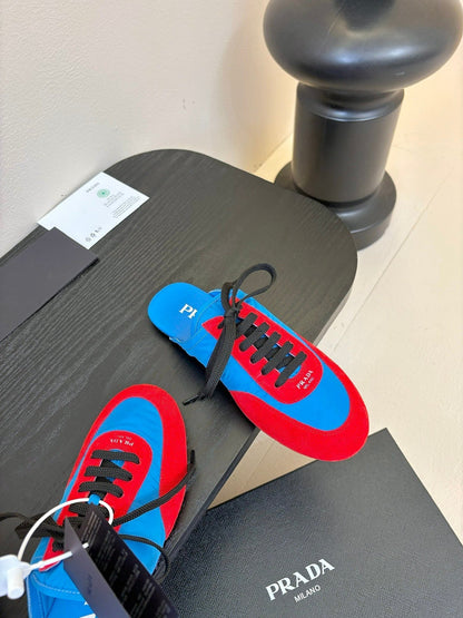 SNEAKER MULES IN BLUE NYLON AND RED SUEDE