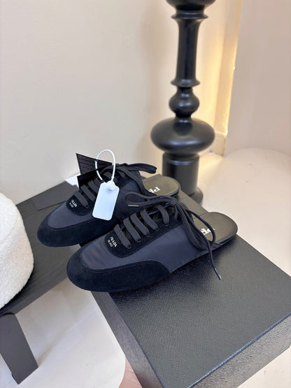 SNEAKER MULES IN BLACK NYLON AND SUEDE
