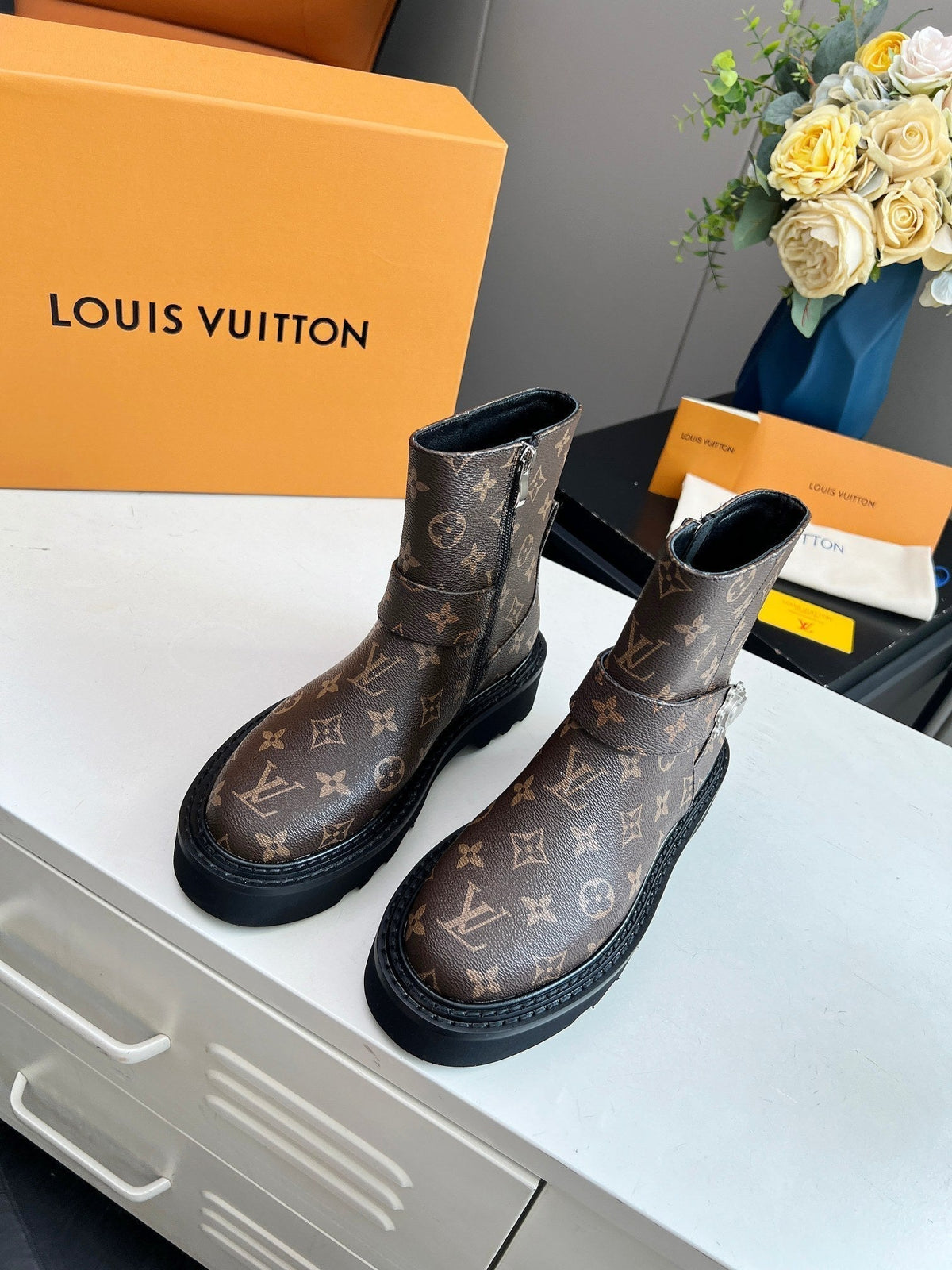 LV WOMEN'S BEAUBOURG ANKLE BOOT IN CACAO MONOGRAM CALFSKIN