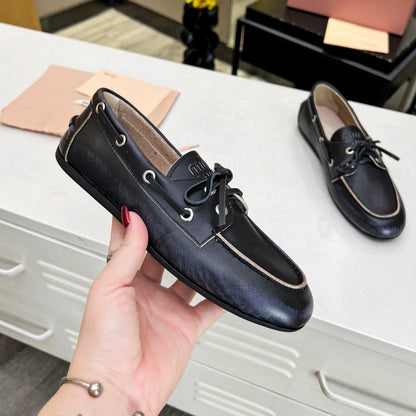 Lace-up Retro Loafers Black Cowhide