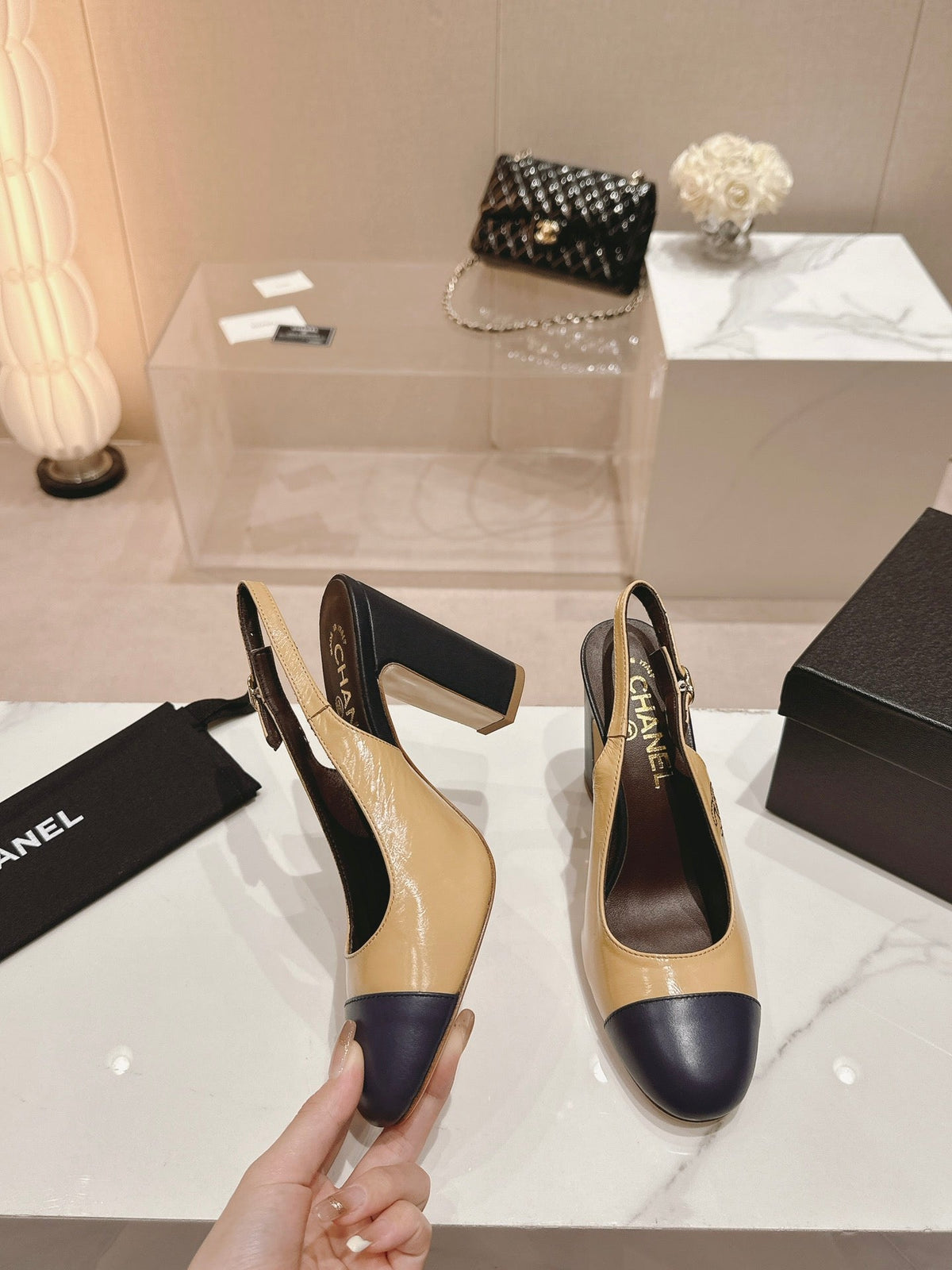 HIGH SLINGBACKS PEANUT BROWN MIX BLACK SHEEPSKIN