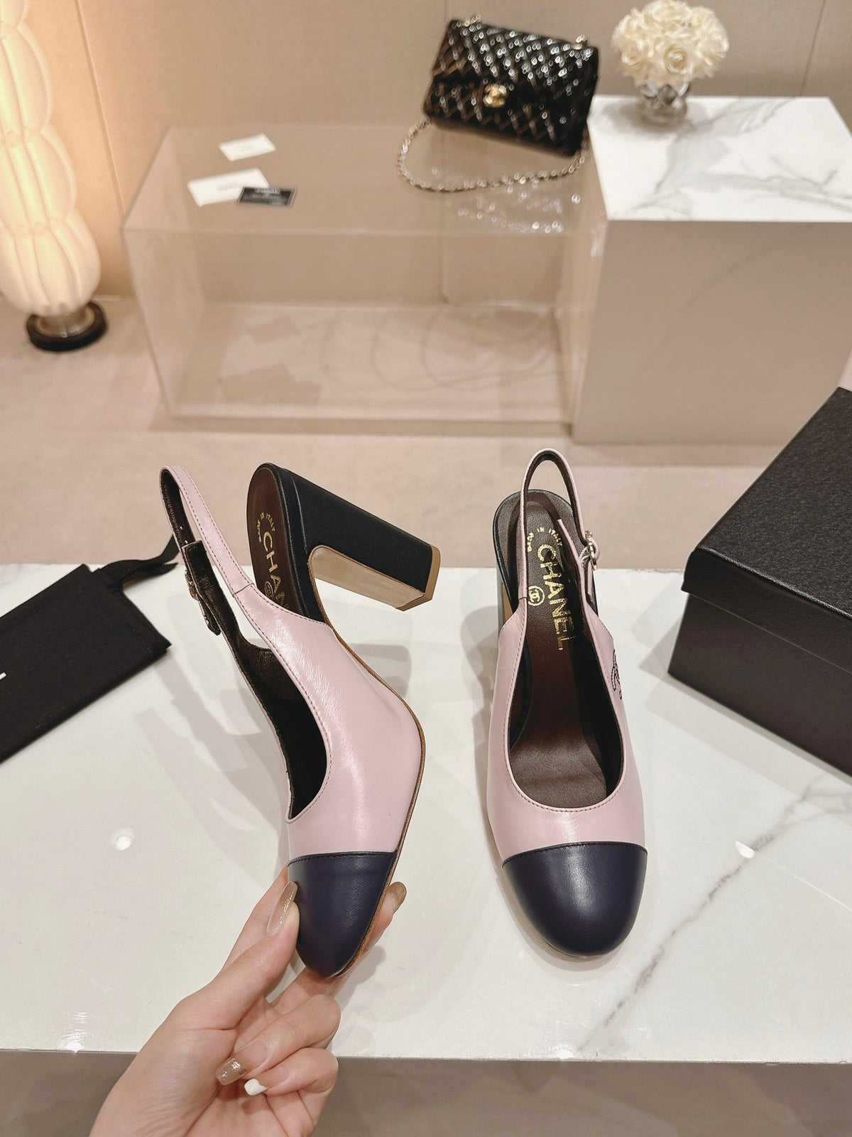 HIGH SLINGBACKS LIGHT PINK MIX BLACK SHEEPSKIN