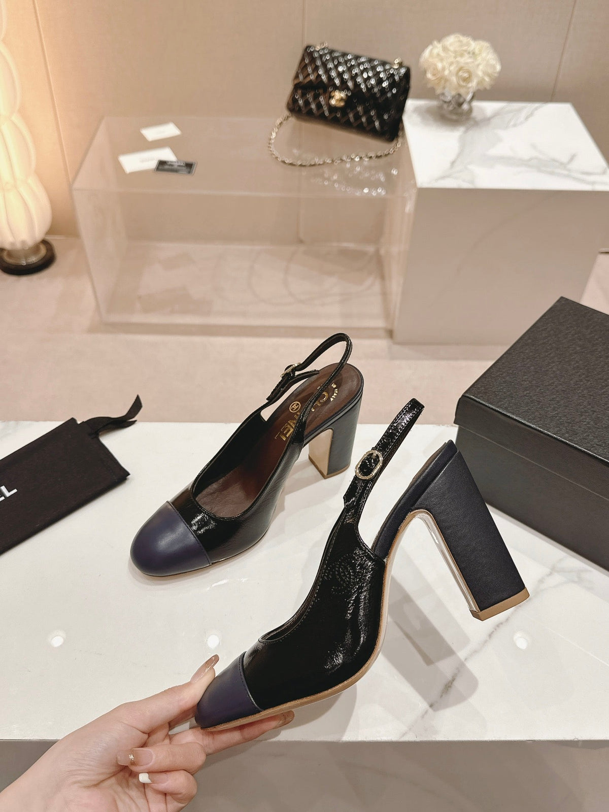 HIGH SLINGBACKS BLACK MIX VIOLET SHEEPSKIN