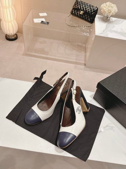 HIGH SLINGBACKS WHITE MIX BLACK SHEEPSKIN