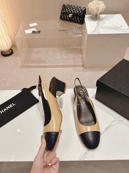 SLINGBACKS PEANUT BROWN MIX BLACK SHEEPSKIN