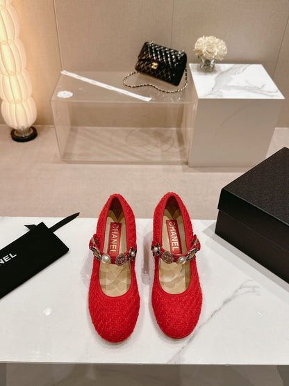 HIGH MARY JANE SHOES RED PINK WOOL TWEED