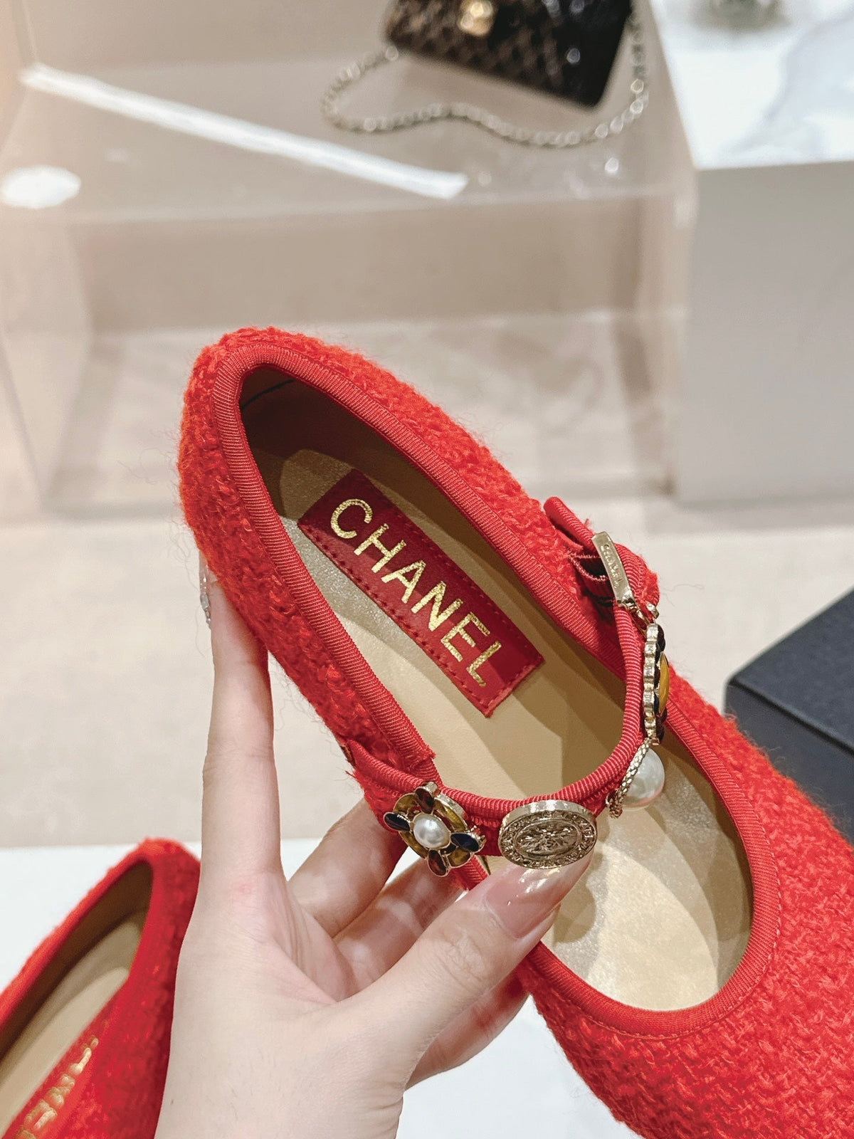 HIGH MARY JANE SHOES RED PINK WOOL TWEED