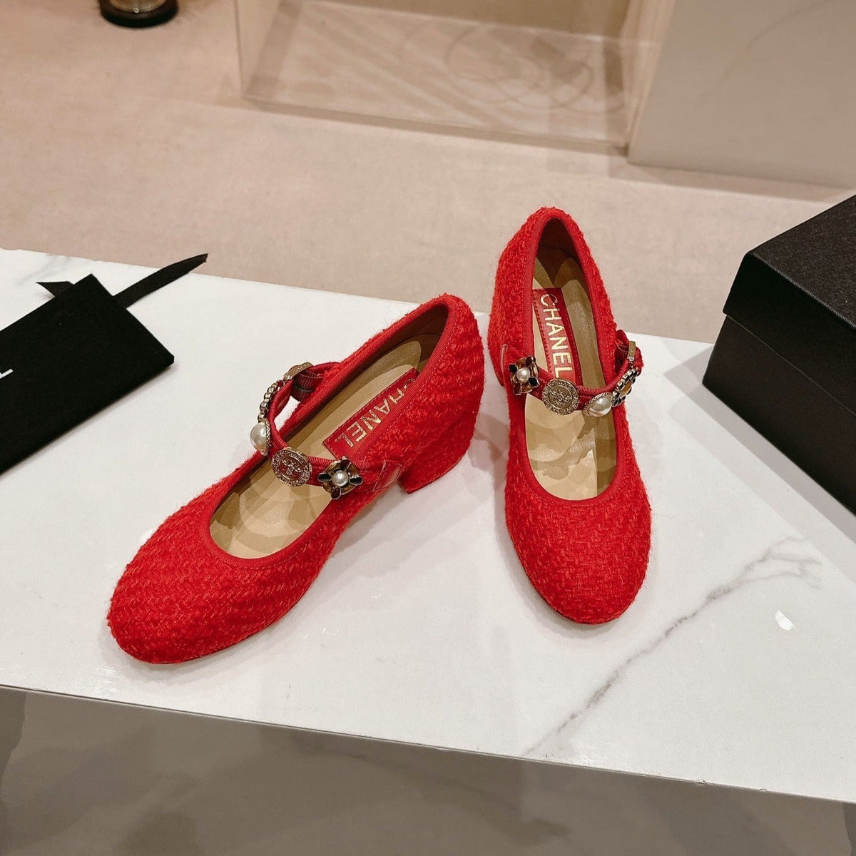 HIGH MARY JANE SHOES RED PINK WOOL TWEED