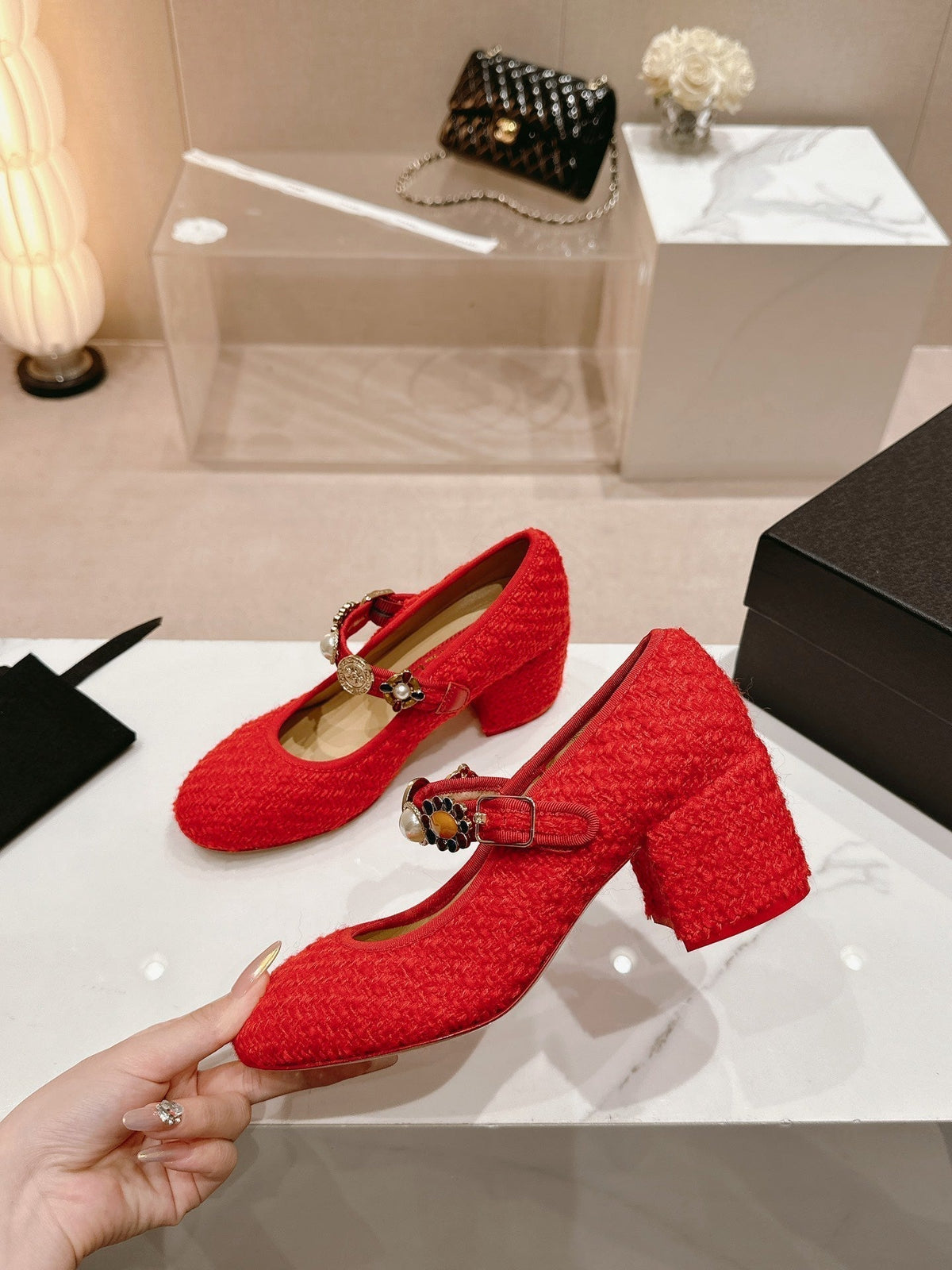HIGH MARY JANE SHOES RED PINK WOOL TWEED