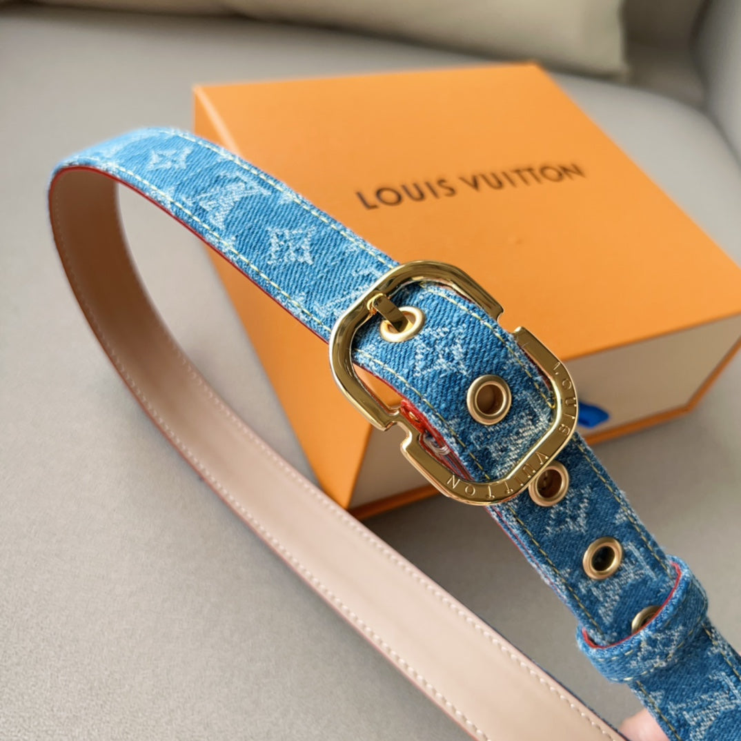 LV  30MM BELT LIGHT BLUE MONOGRAM DENIM GOLD HARDWARE