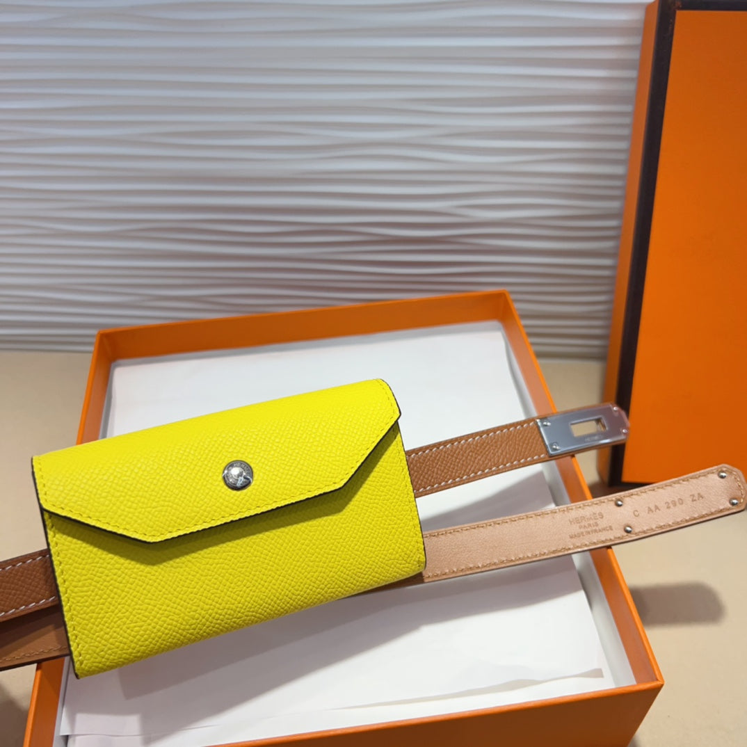 HM KELLY LEMON YELLOW POCKET 18MM BELT CINNAMON BROWN LEATHER SILVER HARDWARE