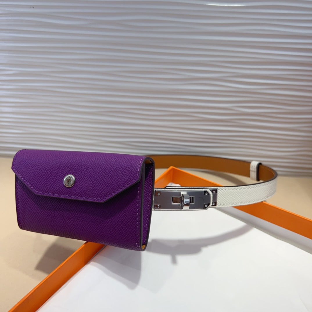 HM KELLY VIOLET PURPLE POCKET 18MM BELT WHITE LEATHER SILVER HARDWARE