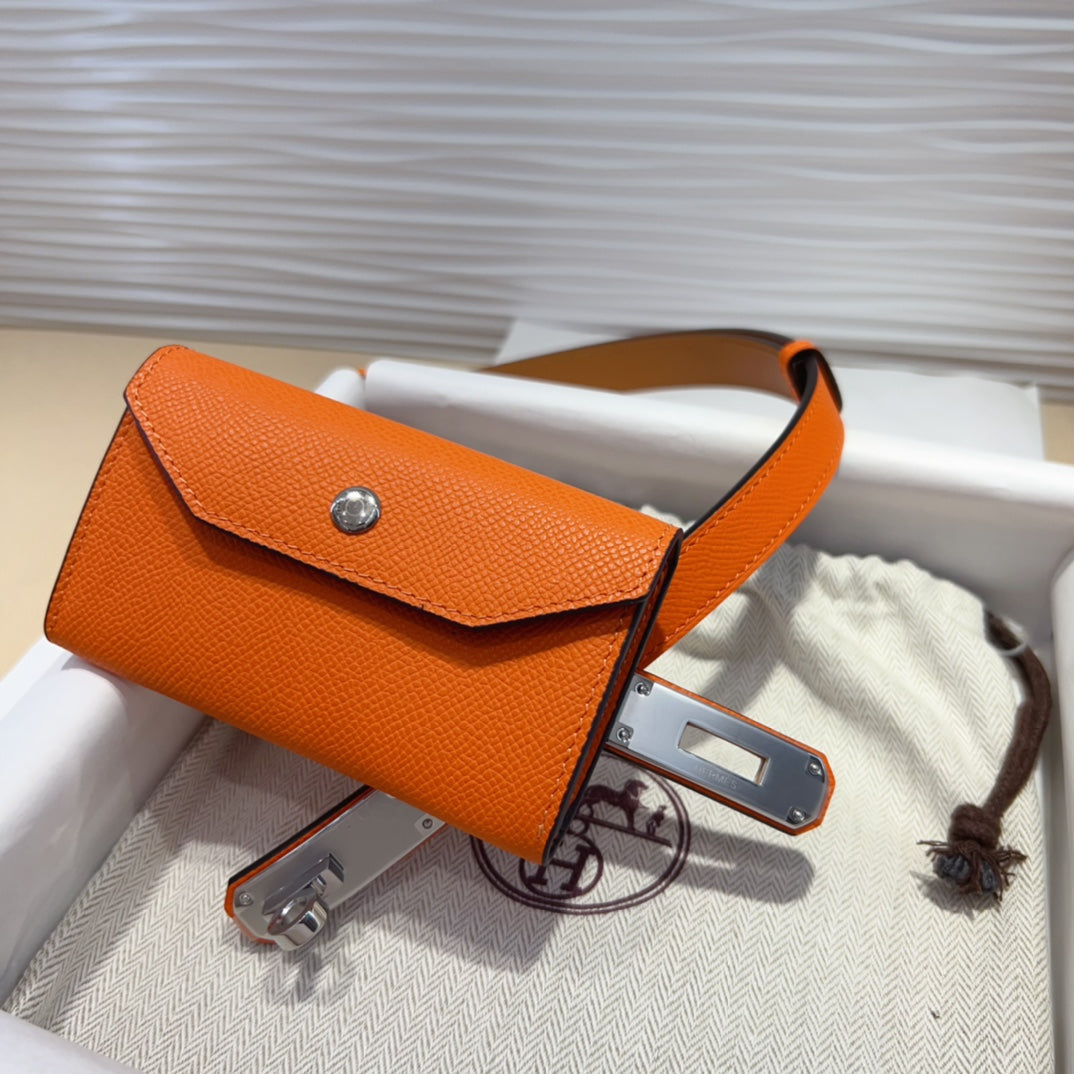 HM KELLY POCKET 18MM BELT ORANGE LEATHER SILVER HARDWARE