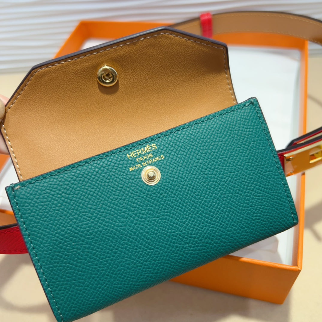 HM KELLY TEAL GREEN POCKET 18MM BELT CHERRY RED LEATHER GOLD HARDWARE
