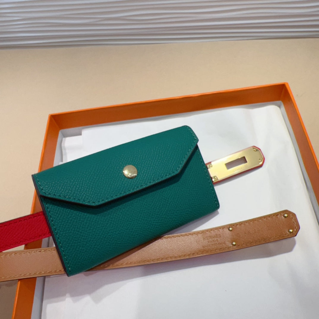 HM KELLY TEAL GREEN POCKET 18MM BELT CHERRY RED LEATHER GOLD HARDWARE