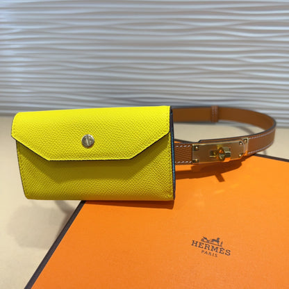 HM KELLY LEMON YELLOW POCKET 18MM BELT CINNAMON BROWN LEATHER GOLD HARDWARE