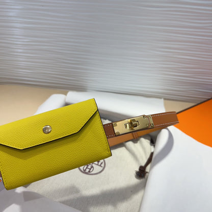 HM KELLY LEMON YELLOW POCKET 18MM BELT CINNAMON BROWN LEATHER GOLD HARDWARE