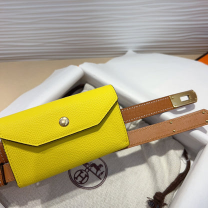 HM KELLY LEMON YELLOW POCKET 18MM BELT CINNAMON BROWN LEATHER GOLD HARDWARE