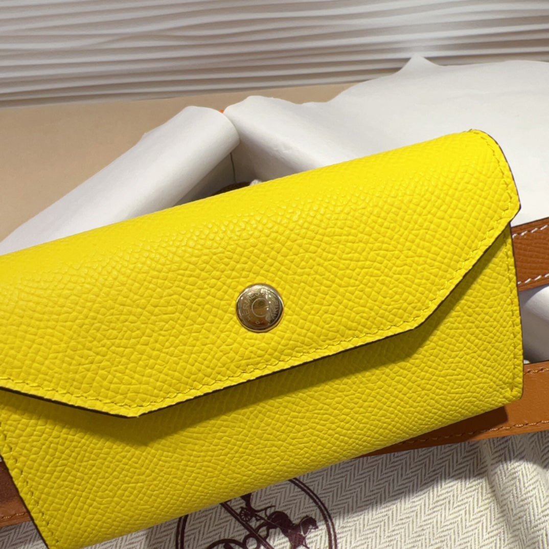 HM KELLY LEMON YELLOW POCKET 18MM BELT CINNAMON BROWN LEATHER GOLD HARDWARE