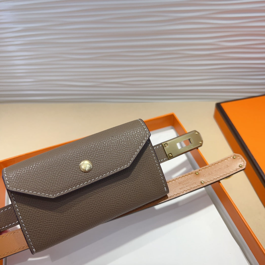 HM KELLY POCKET 18MM BELT CHOCOLATE BROWN LEATHER GOLD HARDWARE