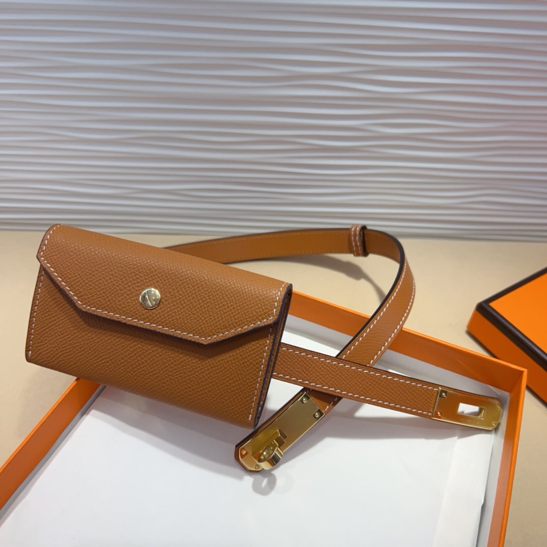 HM KELLY POCKET 18MM BELT CINNAMON BROWN LEATHER GOLD HARDWARE