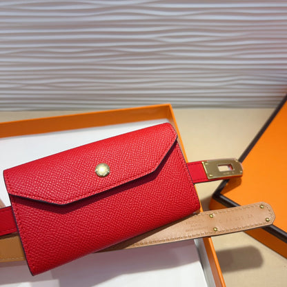 HM KELLY POCKET 18MM BELT CHERRY RED LEATHER GOLD HARDWARE