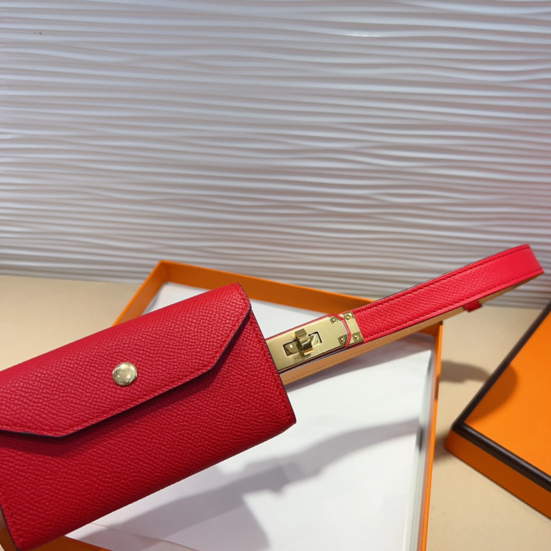 HM KELLY POCKET 18MM BELT CHERRY RED LEATHER GOLD HARDWARE