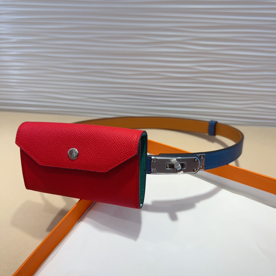 HM KELLY CHERRY RED POCKET 18MM BELT NAVY BLUE LEATHER GOLD HARDWARE