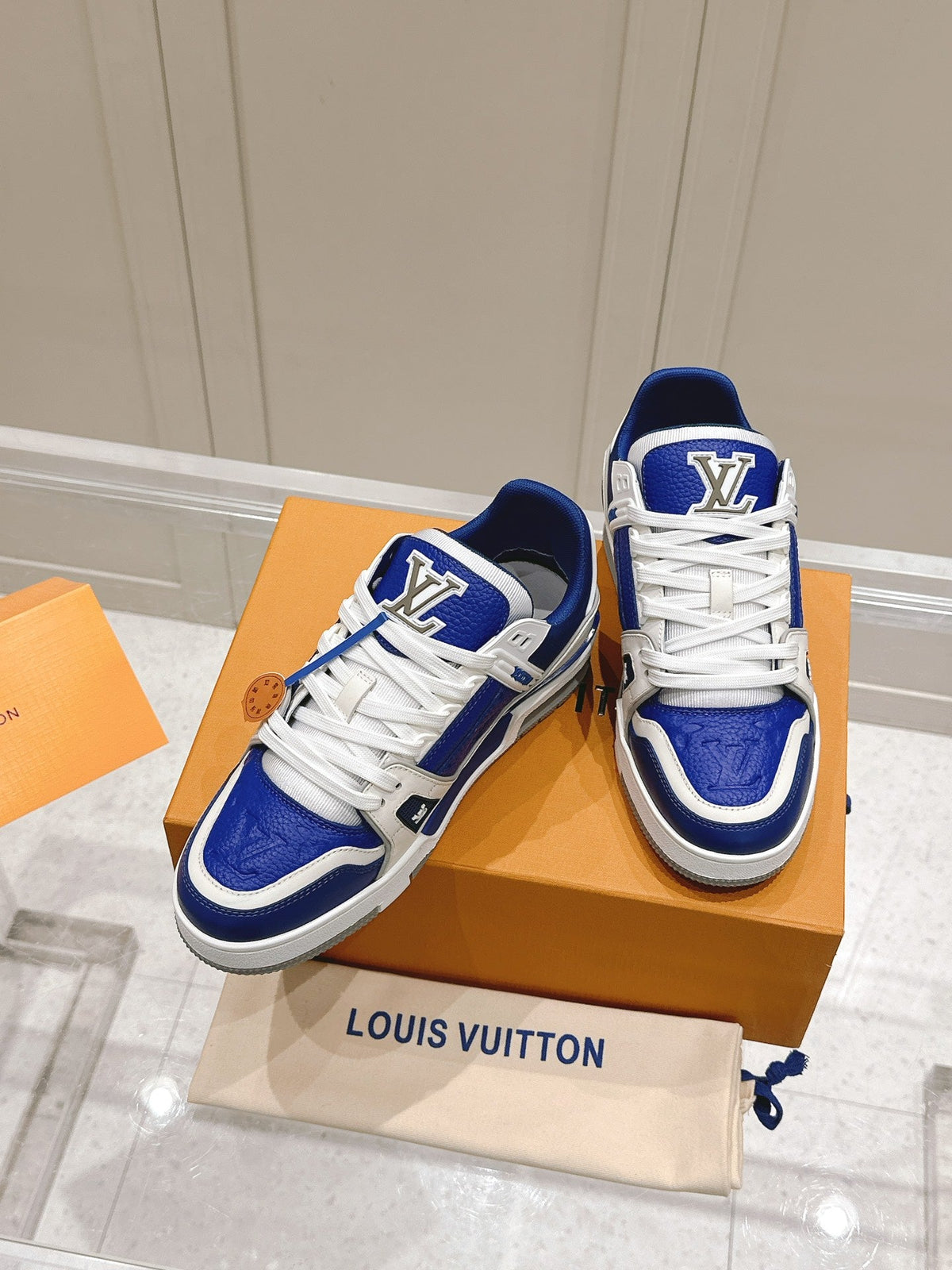 LV TRAINER SNEAKER IN GASTON BLUE GRAINED CALFSKIN