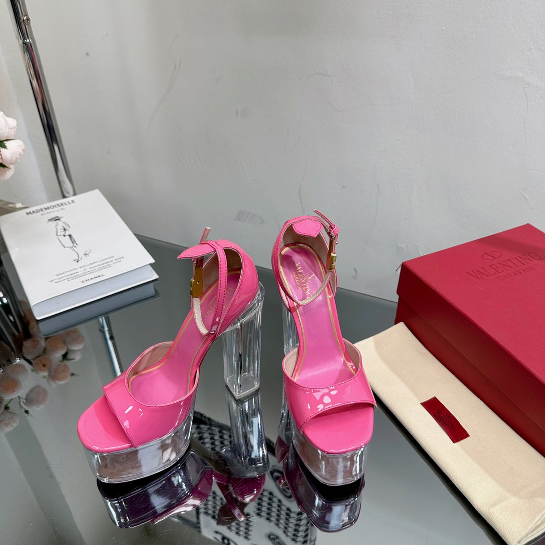 HIGH SANDAL 14CM IN BRIGHT PINK CALFSKIN AND TRANSPARENT PVC