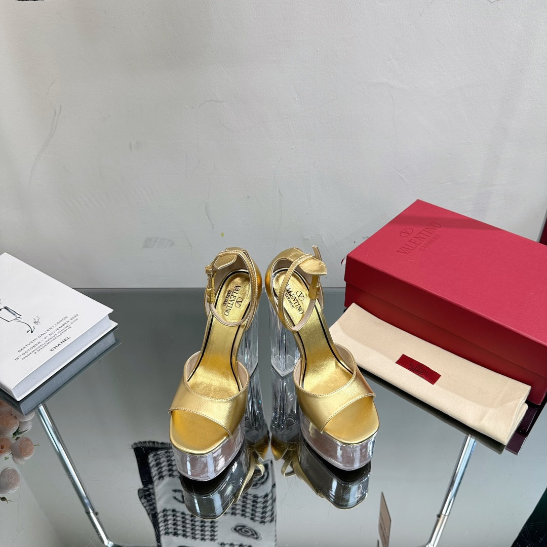 HIGH SANDAL 14CM IN GOLD CALFSKIN AND TRANSPARENT PVC