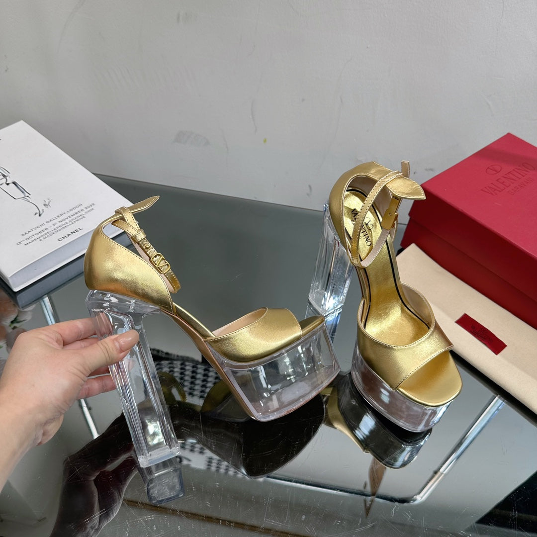 HIGH SANDAL 14CM IN GOLD CALFSKIN AND TRANSPARENT PVC