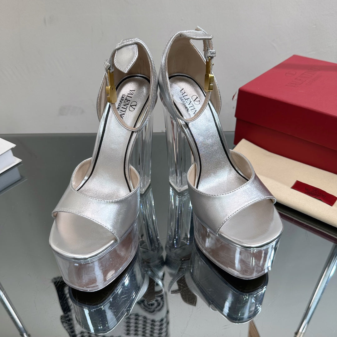 HIGH SANDAL 14CM IN SILVER CALFSKIN AND TRANSPARENT PVC