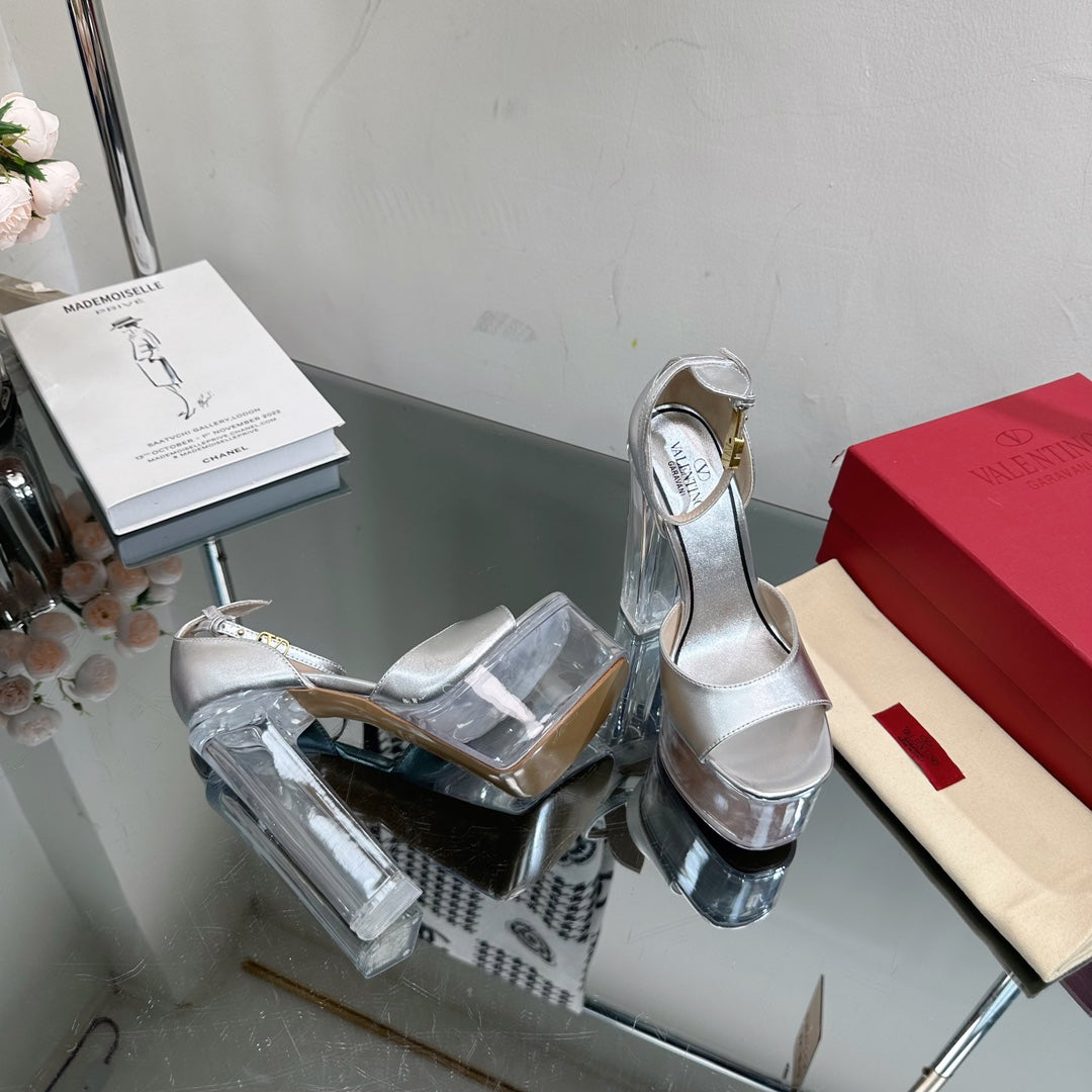 HIGH SANDAL 14CM IN SILVER CALFSKIN AND TRANSPARENT PVC