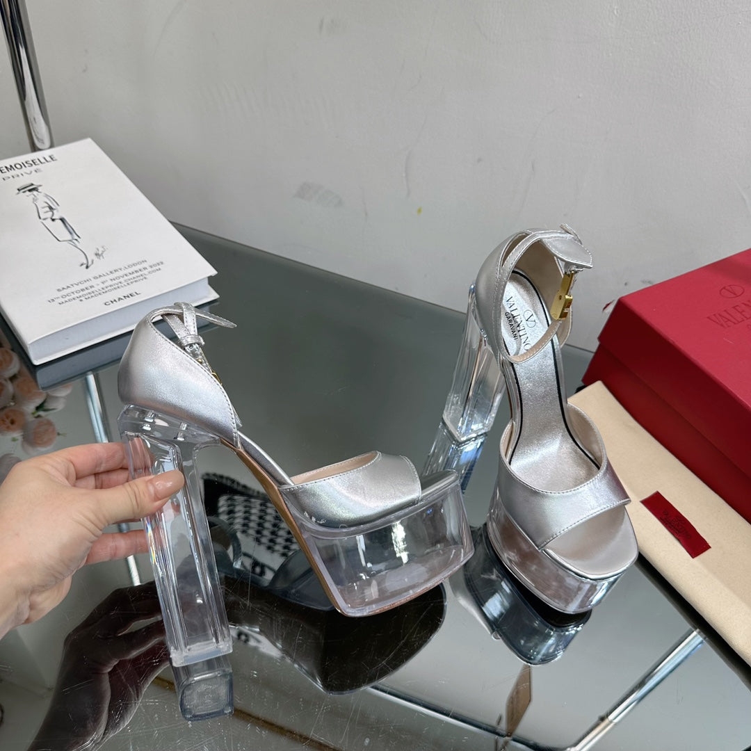 HIGH SANDAL 14CM IN SILVER CALFSKIN AND TRANSPARENT PVC