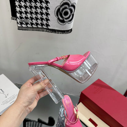 HIGH HEEL SANDAL 14CM IN BRIGHT PINK CALFSKIN AND TRANSPARENT PVC