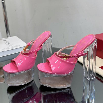 HIGH HEEL SANDAL 14CM IN BRIGHT PINK CALFSKIN AND TRANSPARENT PVC