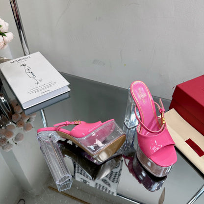 HIGH HEEL SANDAL 14CM IN BRIGHT PINK CALFSKIN AND TRANSPARENT PVC