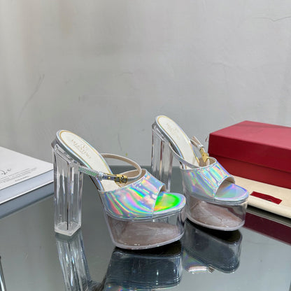 HIGH HEEL SANDAL 14CM IN SILVER CALFSKIN AND TRANSPARENT PVC