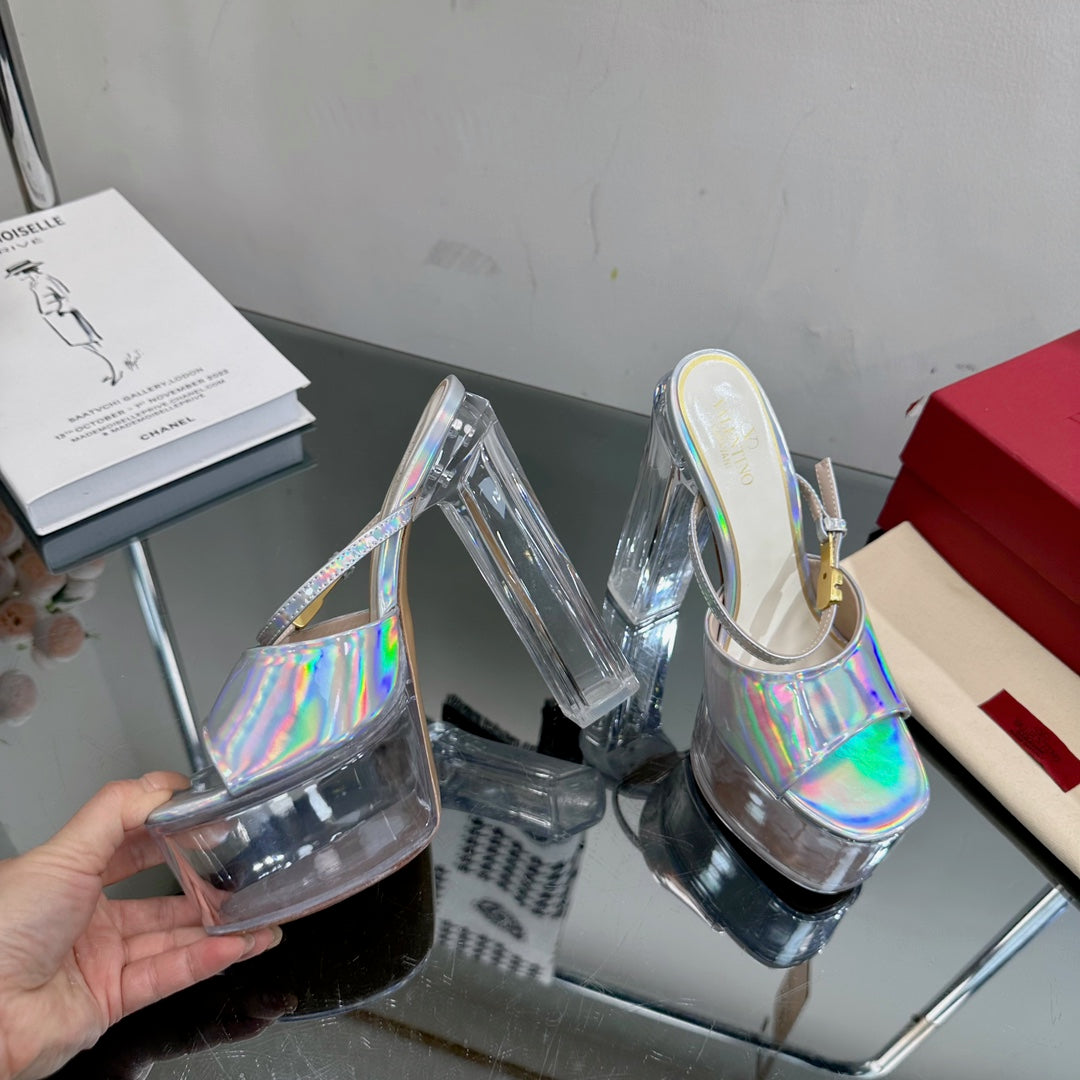 HIGH HEEL SANDAL 14CM IN SILVER CALFSKIN AND TRANSPARENT PVC