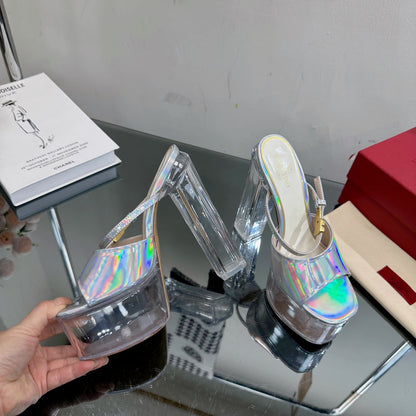 HIGH HEEL SANDAL 14CM IN SILVER CALFSKIN AND TRANSPARENT PVC